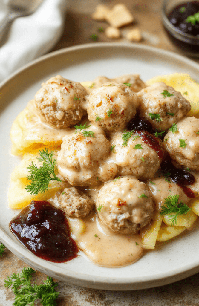 A platter of creamy Swedish meatballs in a silky brown gravy, garnished with chopped parsley, served over buttered egg noodles with a side of lingonberry jam. The dish sits on a rustic wooden table with a soft, cozy kitchen backdrop.