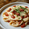 Glossy creamy tomato garlic pasta in a white bowl, garnished with fresh basil and parmesan on a rustic wood table; silky pink sauce coats al dente spaghetti, with olive oil drizzle and cracked pepper for shine.