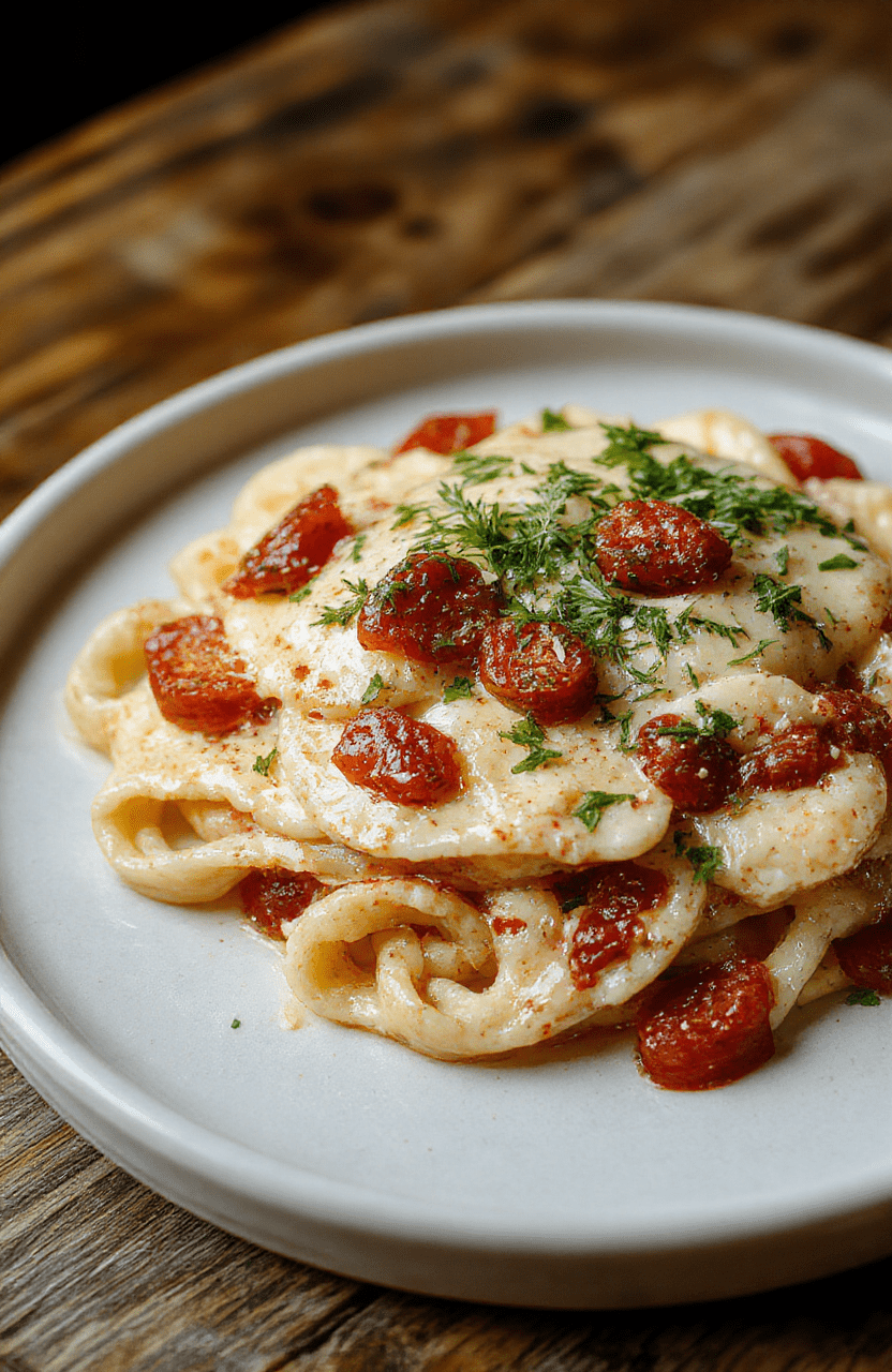 Glossy creamy tomato garlic pasta in a white bowl, garnished with fresh basil and parmesan on a rustic wood table; silky pink sauce coats al dente spaghetti, with olive oil drizzle and cracked pepper for shine.