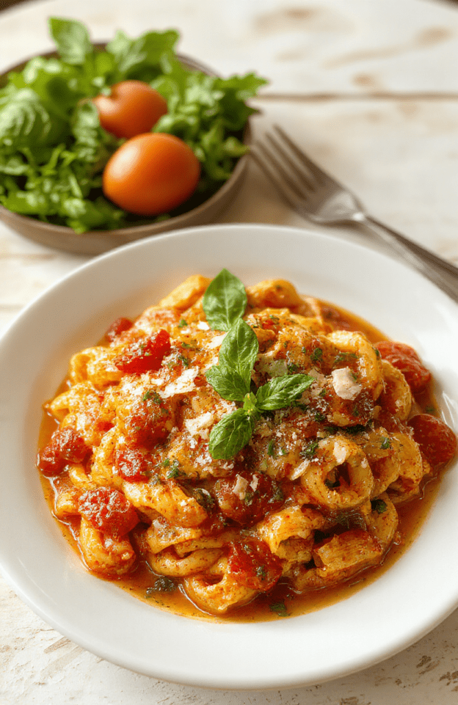 A bright plate of creamy tomato pasta with glossy tomato cream sauce, ribbons of al dente pasta, grated parmesan, fresh basil, and a drizzle of olive oil. The dish is plated on a white round plate on a light wooden table, with a few basil leaves, chili flakes, and parmesan shavings nearby, creating a rustic yet modern presentation.