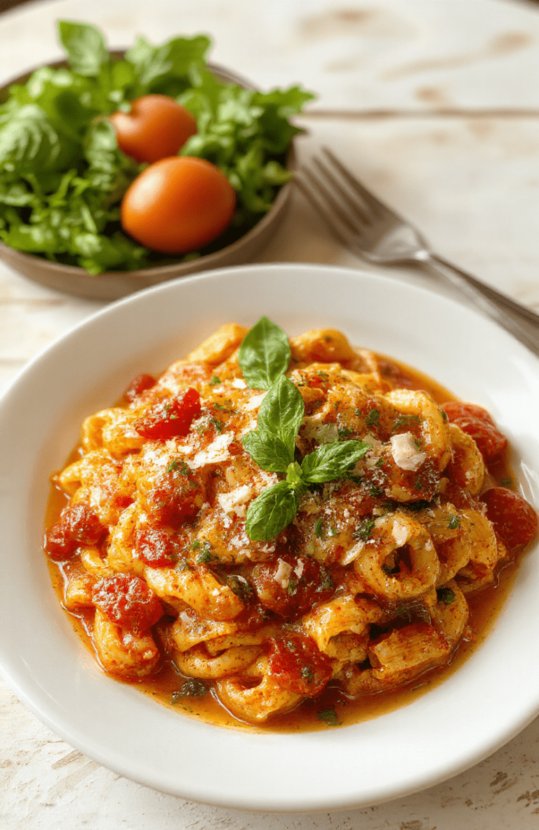 A bright plate of creamy tomato pasta with glossy tomato cream sauce, ribbons of al dente pasta, grated parmesan, fresh basil, and a drizzle of olive oil. The dish is plated on a white round plate on a light wooden table, with a few basil leaves, chili flakes, and parmesan shavings nearby, creating a rustic yet modern presentation.