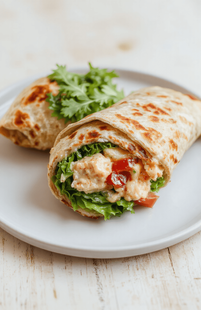 Golden brown tuna melt wrap sliced in half to reveal creamy tuna filling with celery and melted cheddar, on a white plate with crisp lettuce and tomato. The wrap looks warm and glossy, with a light drizzle of mayo and a sprinkle of paprika for color.