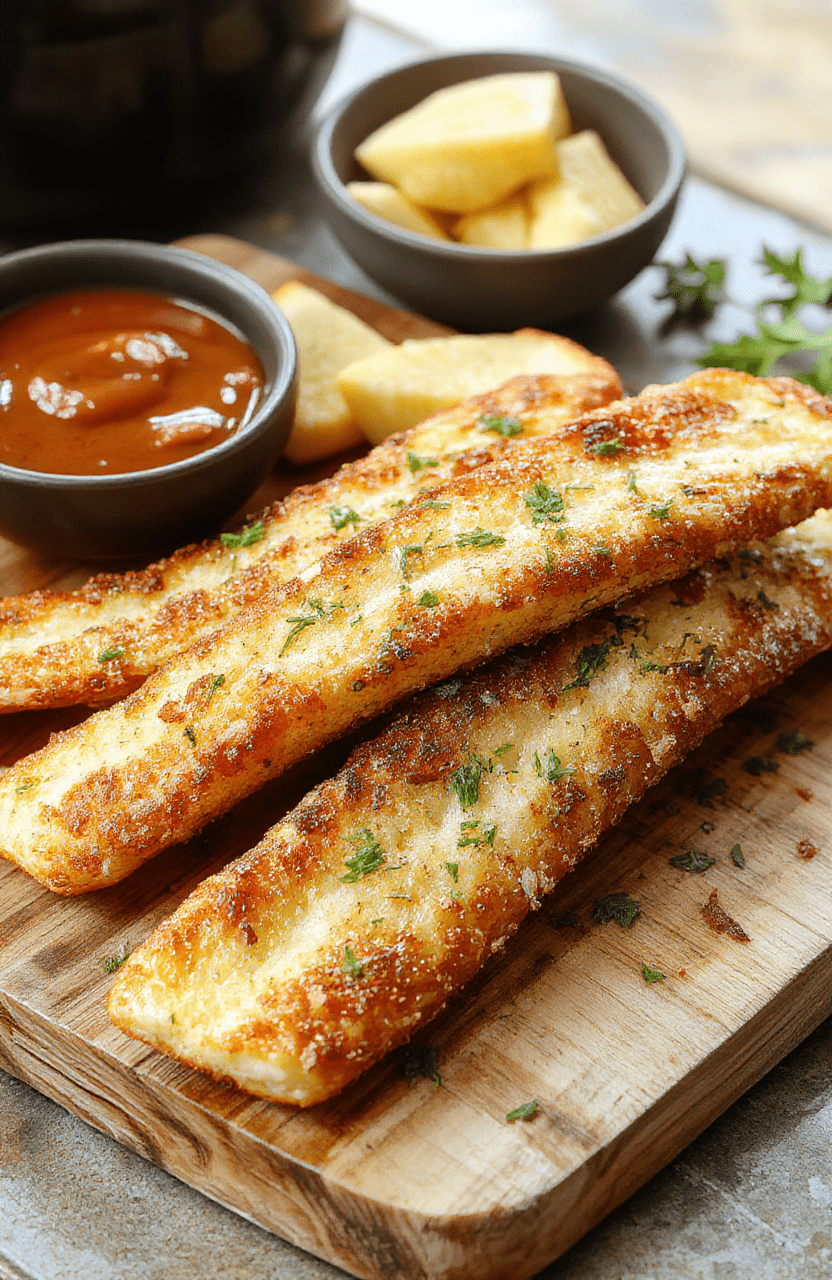 Golden-brown garlic bread sticks fresh from the air fryer, glistening with garlic butter, arranged on a white ceramic plate with cracked black pepper and chopped parsley, served beside a small bowl of melted butter for dipping.