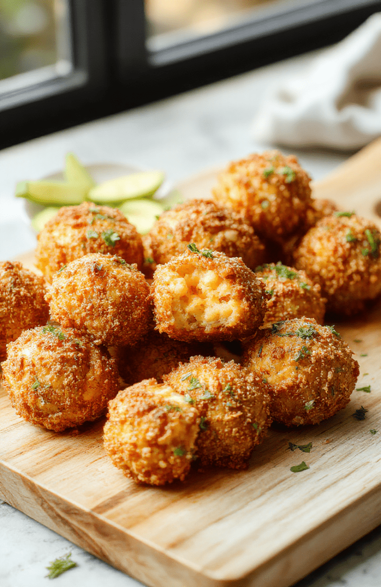 Golden-brown crispy air fryer mac and cheese balls on a white plate with a small dipping sauce, crumb coating visible, parsley garnish, bright kitchen background.