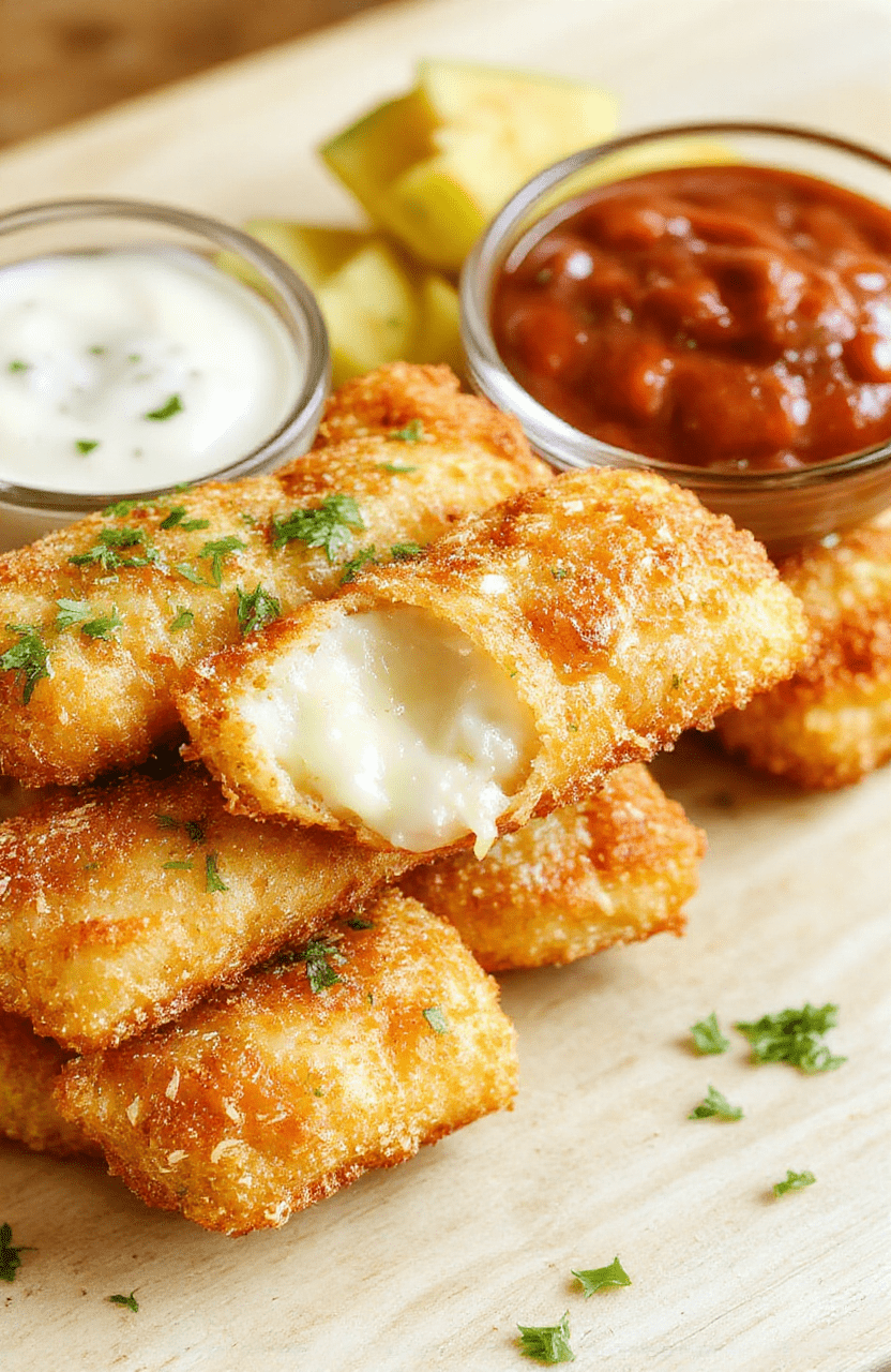 Golden-brown mozzarella sticks with a crispy breadcrumb crust on a white plate, served with a small bowl of marinara sauce. Garnished with parsley, the coating looks crunchy and inviting, with melted cheese just visible at the edges.