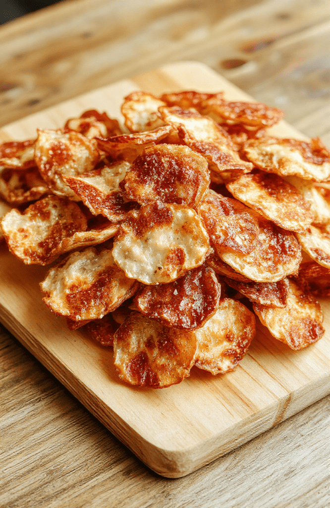 Golden crispy rice paper chips stacked on a white plate with a light sprinkle of salt, paprika, and sesame seeds. Edges are lacey and delicate, chips glisten with a touch of oil, a lime wedge and light wood background add warm color.