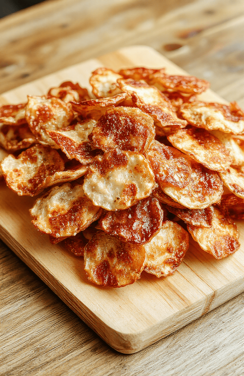 Golden crispy rice paper chips stacked on a white plate with a light sprinkle of salt, paprika, and sesame seeds. Edges are lacey and delicate, chips glisten with a touch of oil, a lime wedge and light wood background add warm color.
