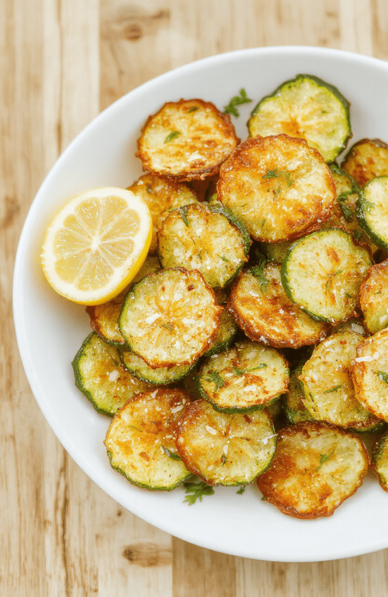 Golden crispy air fryer zucchini chips arranged on a white plate with a light drizzle of oil, grated parmesan, and chopped parsley, a lemon wedge and dip in the background, styled on a clean wooden table with natural light.