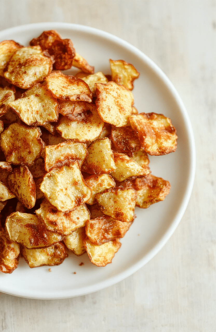 Golden, crisp apple chips fanned on parchment with a light cinnamon dusting, warm caramel hues, a clean white plate, and a soft wooden surface for a cozy fall snack vibe.