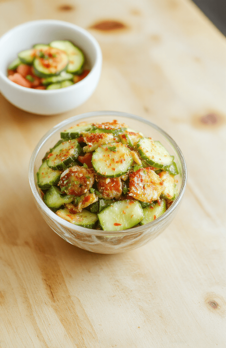 Bright crispy Asian cucumber salad in a white bowl, with edamame, red pepper, sesame seeds, and cilantro, tossed in a glossy sesame-ginger dressing; vibrant greens and purples on a light wooden table, sesame seeds sprinkled on top.