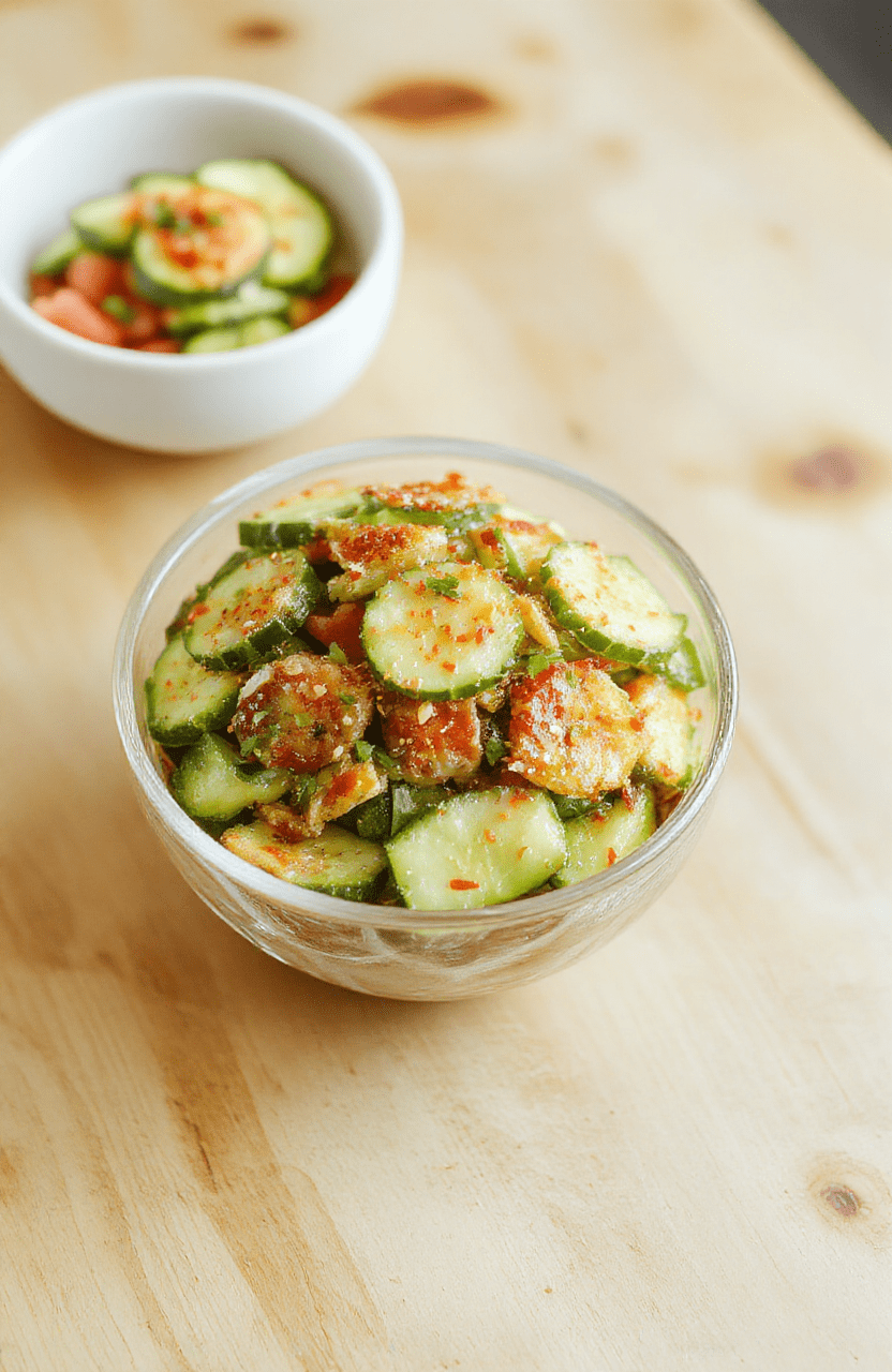 Bright crispy Asian cucumber salad in a white bowl, with edamame, red pepper, sesame seeds, and cilantro, tossed in a glossy sesame-ginger dressing; vibrant greens and purples on a light wooden table, sesame seeds sprinkled on top.