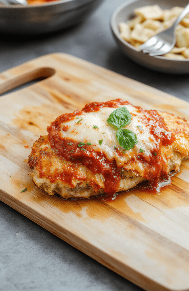 Golden breadcrumb crusted chicken parmesan atop a pristine white plate, melted mozzarella and marinara glaze cling to the sides, fresh basil leaves add green contrast, a light dusting of Parmesan and a drizzle of olive oil complete the presentation on a rustic wooden table.