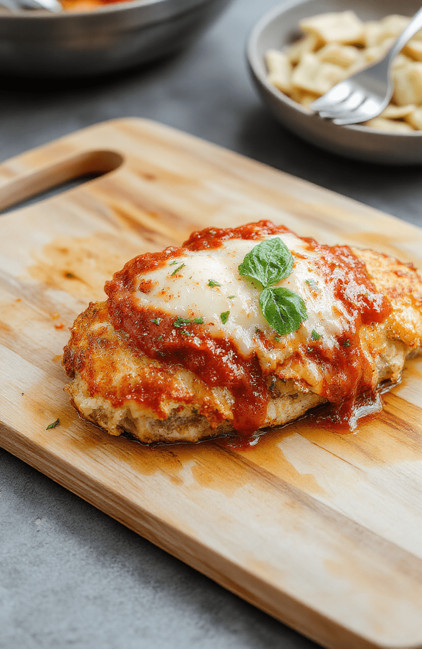 Golden breadcrumb crusted chicken parmesan atop a pristine white plate, melted mozzarella and marinara glaze cling to the sides, fresh basil leaves add green contrast, a light dusting of Parmesan and a drizzle of olive oil complete the presentation on a rustic wooden table.