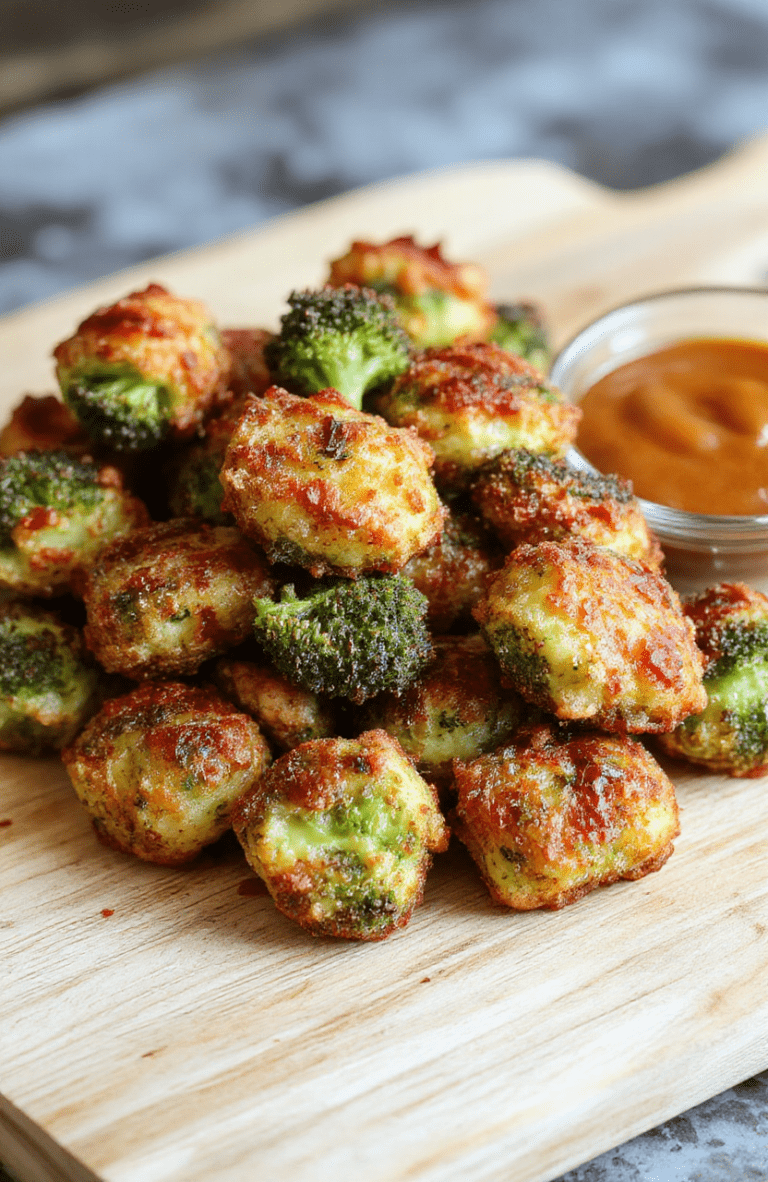 Golden-brown crispy broccoli tots arranged on a rustic wooden board, garnished with fresh parsley and a dollop of creamy dip on the side, soft natural daylight highlighting their crunchy texture and vibrant green stems.