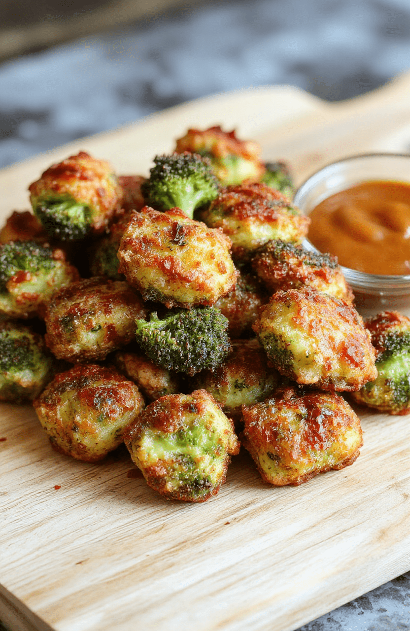 Golden-brown crispy broccoli tots arranged on a rustic wooden board, garnished with fresh parsley and a dollop of creamy dip on the side, soft natural daylight highlighting their crunchy texture and vibrant green stems.