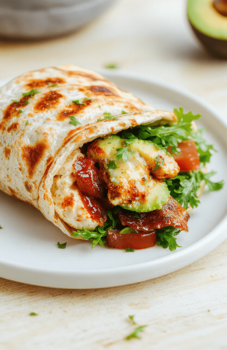 A plate featuring a sliced Crispy Chicken Bacon Wrap showing a golden, crunchy chicken filling with melted cheese, crumbled bacon, romaine, diced tomato, and avocado within a warm tortilla. The wrap is neatly rolled and cut in half, revealing layered textures; the plate rests on a light wooden board with a drizzle of creamy sauce and a few green herbs for garnish, under bright natural light to emphasize color and crisp textures.