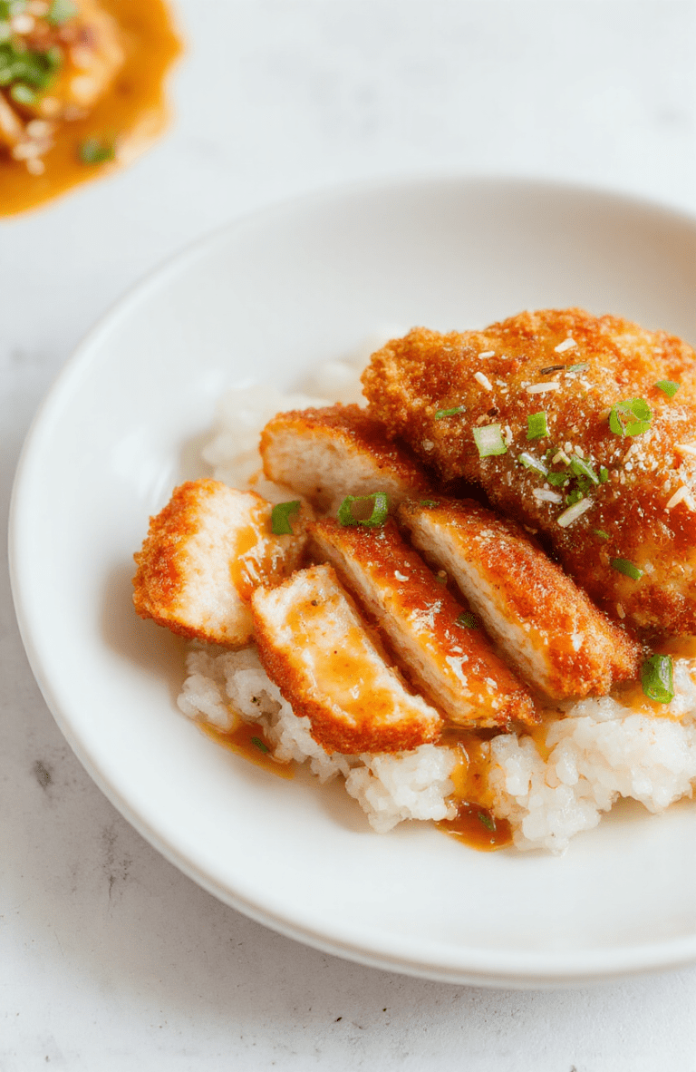 Golden-brown breaded chicken katsu slices lie over fluffy steamed rice, smothered in glossy Japanese curry with carrot and potato. A sprinkle of sesame seeds and chopped scallions adds color, while crisp shredded cabbage and a lime wedge brighten the plate on a clean white dish against a warm, rustic table.