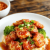 Plate of Crispy Chinese Orange Chicken glazed in a glossy amber sauce, sesame seeds, orange zest, and sliced green onions over fluffy white rice with bright broccoli on the side, all on a dark wooden table. The bites have a crisp exterior and juicy center, with vibrant orange color and glossy sauce catching the light. Simple, appetizing, restaurant-worthy presentation.