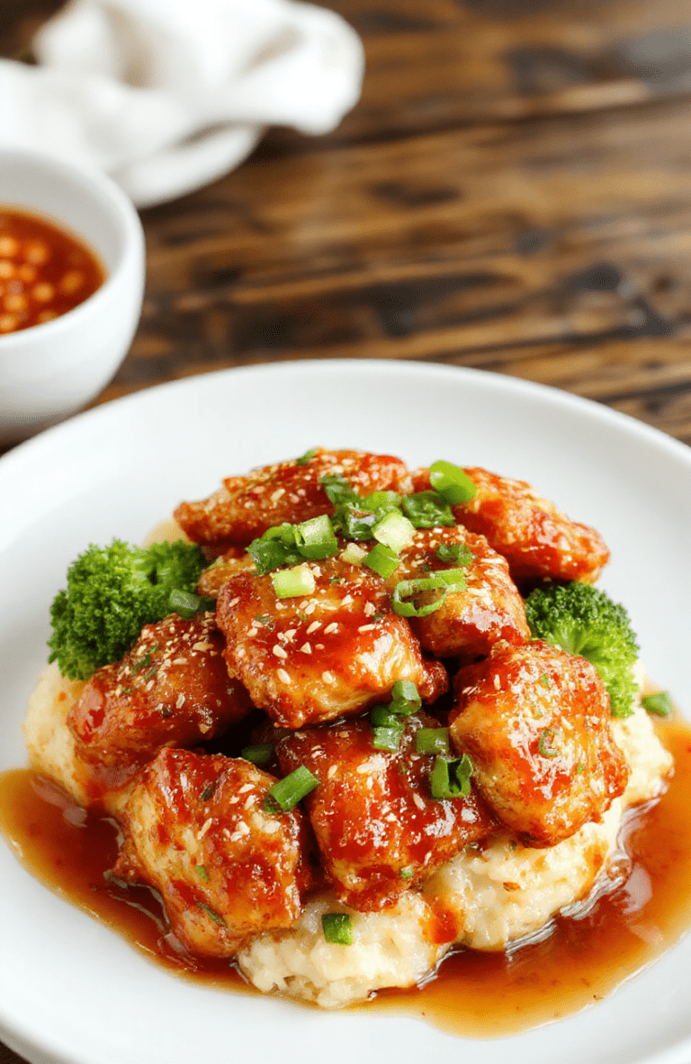 Plate of Crispy Chinese Orange Chicken glazed in a glossy amber sauce, sesame seeds, orange zest, and sliced green onions over fluffy white rice with bright broccoli on the side, all on a dark wooden table. The bites have a crisp exterior and juicy center, with vibrant orange color and glossy sauce catching the light. Simple, appetizing, restaurant-worthy presentation.