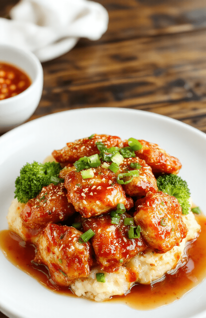 Plate of Crispy Chinese Orange Chicken glazed in a glossy amber sauce, sesame seeds, orange zest, and sliced green onions over fluffy white rice with bright broccoli on the side, all on a dark wooden table. The bites have a crisp exterior and juicy center, with vibrant orange color and glossy sauce catching the light. Simple, appetizing, restaurant-worthy presentation.