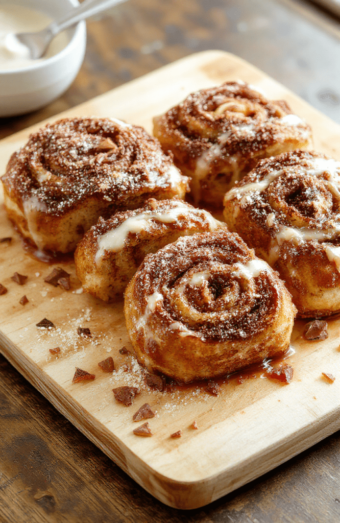 Golden-brown crispy cinnamon French toast roll ups arranged on a white plate with powdered sugar, cinnamon sticks, and fresh berries, on a warm wooden surface, lighting that highlights the crunchy texture.