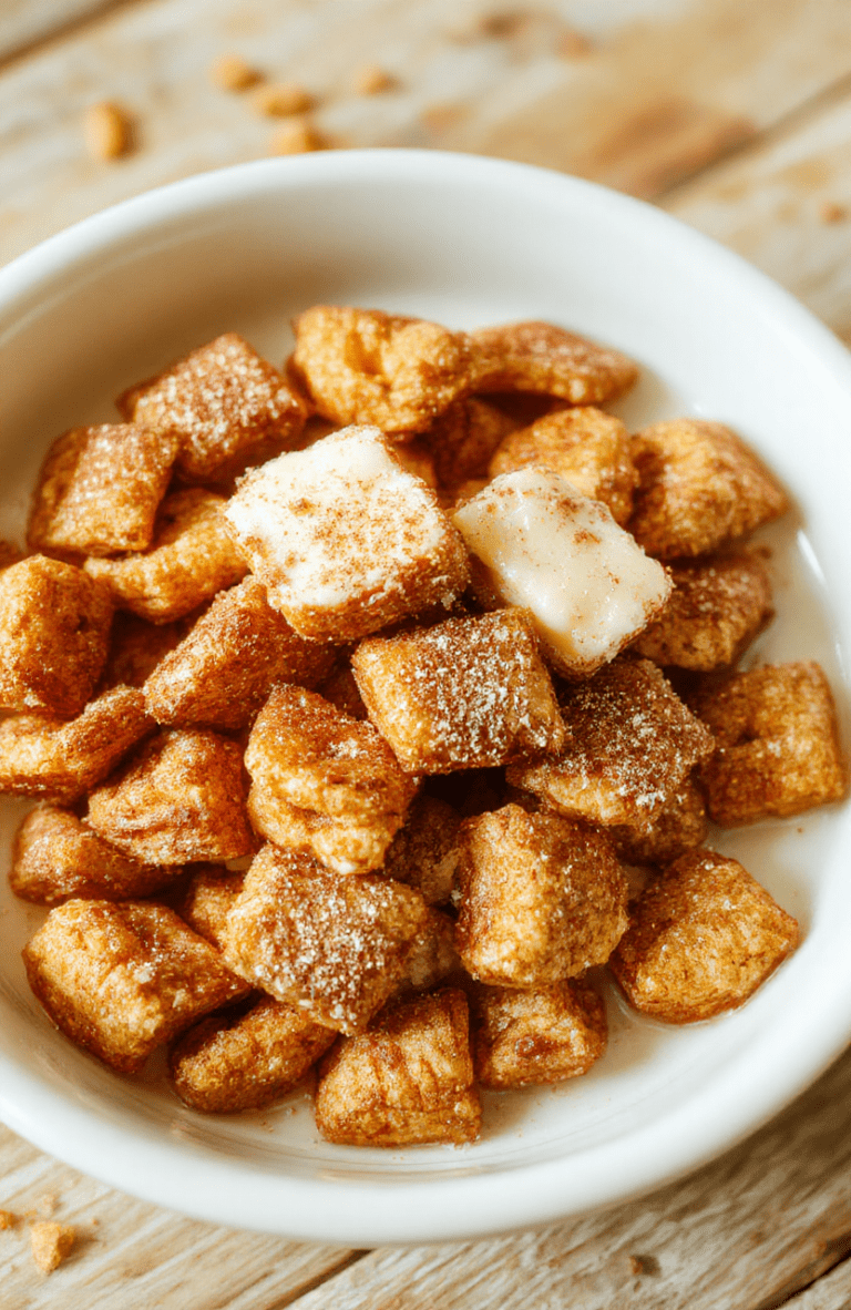 Overhead shot of a white bowl brimming with crispy cinnamon toast cereal pieces, milk around the edges, sprinkled with cinnamon sugar, a pat of butter on the side, and a wooden spoon resting on a rustic board.