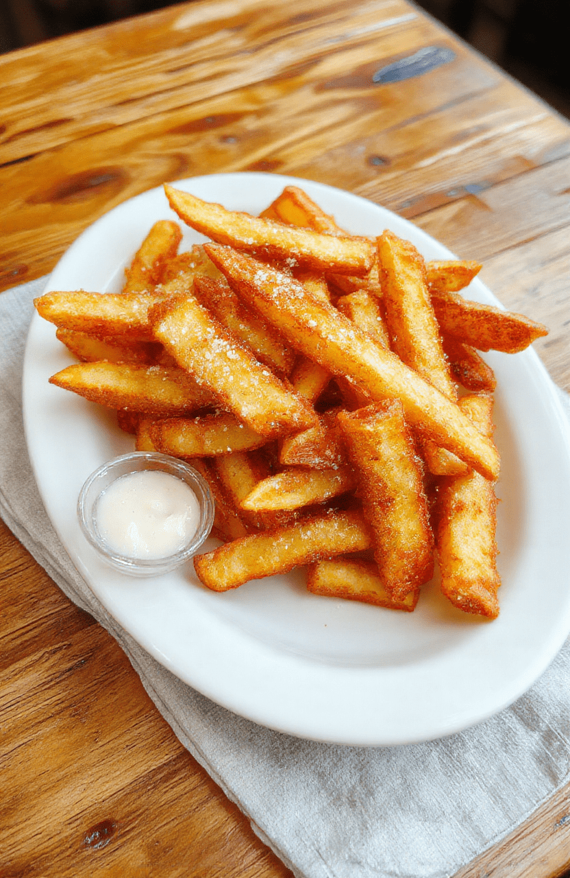 Golden-brown fries with a crisp exterior and fluffy interior arranged on a white plate, lightly salted, with a small ramekin of ketchup in the background on a warm wooden table.