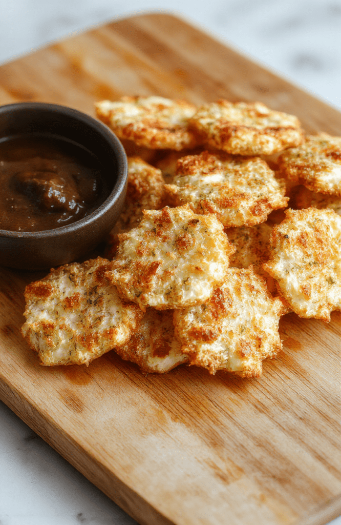 Golden brown crispy cottage cheese chips arranged on a white plate with a sprinkle of paprika and chopped herbs, set on a light wooden board with a small dish of dip in the background; airy, inviting, and savory with cheese flecks visible on the surface.