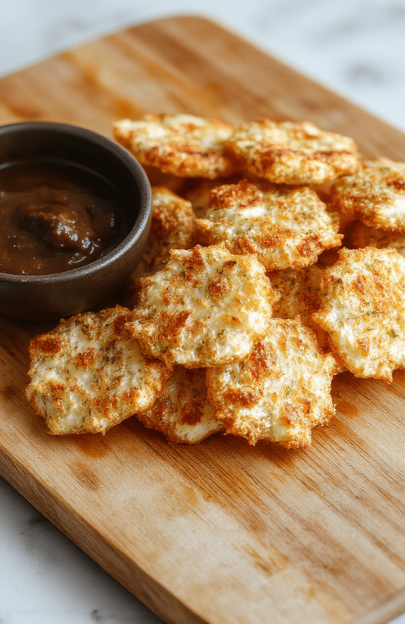 Golden brown crispy cottage cheese chips arranged on a white plate with a sprinkle of paprika and chopped herbs, set on a light wooden board with a small dish of dip in the background; airy, inviting, and savory with cheese flecks visible on the surface.
