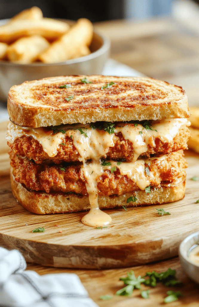 A stack of two thick, golden-brown French toast slices encasing a juicy fried chicken fillet, with crisp lettuce and tomato peeking out. The plate is on a rustic wooden board, with a drizzle of maple syrup and a light dusting of cinnamon. Textures range from crispy crust to fluffy toast.