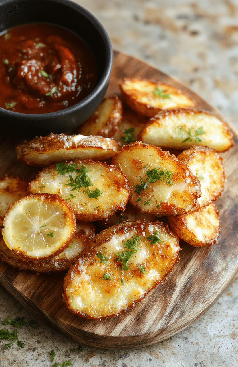 Golden-brown potato wedges with crispy edges, tossed with minced garlic, Parmesan, and chopped parsley, plated on a white dish with a lemon wedge; warm lighting, rustic backdrop, inviting and comforting.
