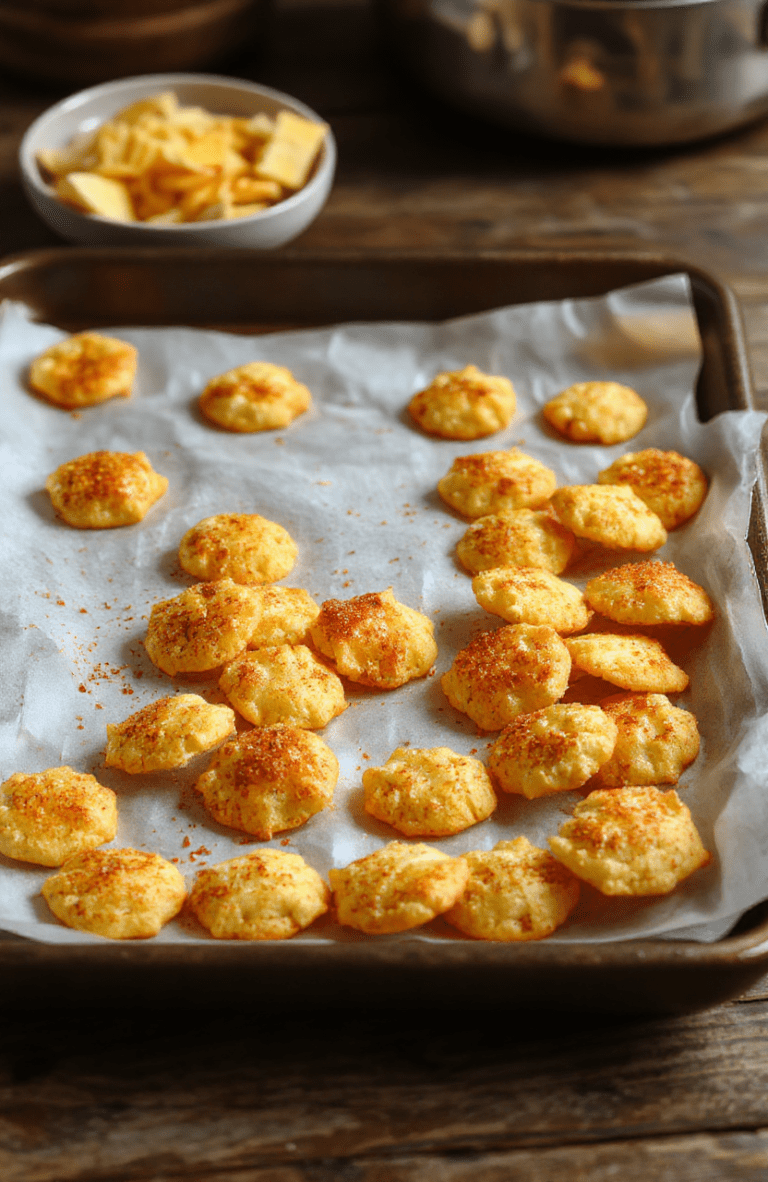 Golden-brown Crispy Cheez-Its arranged on parchment, a small plate with a few crackers, shredded cheddar visible, a pinch of paprika, on a warm wooden board.