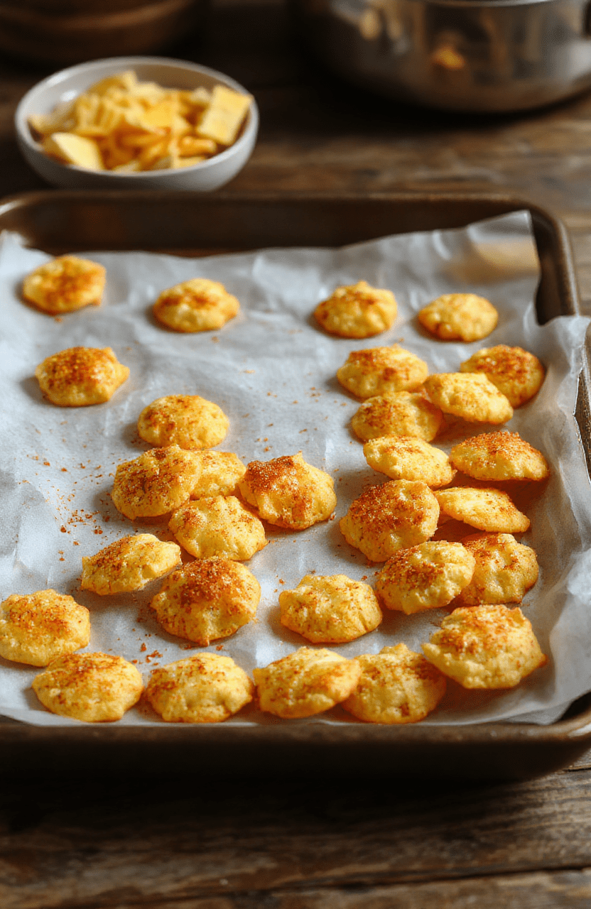 Golden-brown Crispy Cheez-Its arranged on parchment, a small plate with a few crackers, shredded cheddar visible, a pinch of paprika, on a warm wooden board.