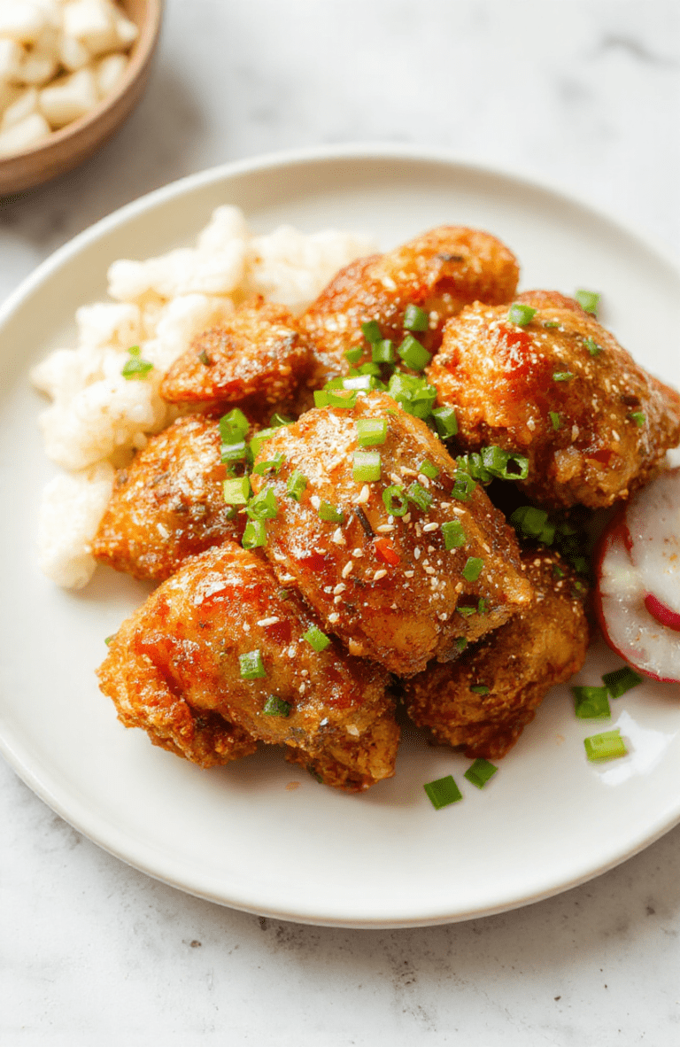 Golden, ultra-crispy Korean fried chicken pieces on a white plate with a glossy honey gochujang glaze, sesame seeds, and chopped green onions. Crisp batter crackles, a side of rice and pickled vegetables adds color, while a clean bright kitchen backdrop keeps the focus on the plated chicken.