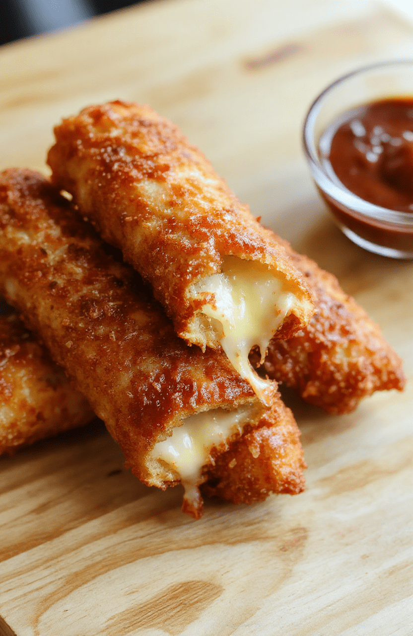 A close-up of golden crispy mozzarella sticks arranged on a white plate with a small bowl of marinara sauce, melted cheese visible at the ends, lightly salted, with a sprinkle of fresh herbs; the background is neutral and the sticks are coated in a crunchy breadcrumb crust.