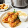 Golden-brown crispy air fryer chicken tenders on a white plate with paprika and herbs, lemon wedges on the side, set on a light wooden table with natural daylight.
