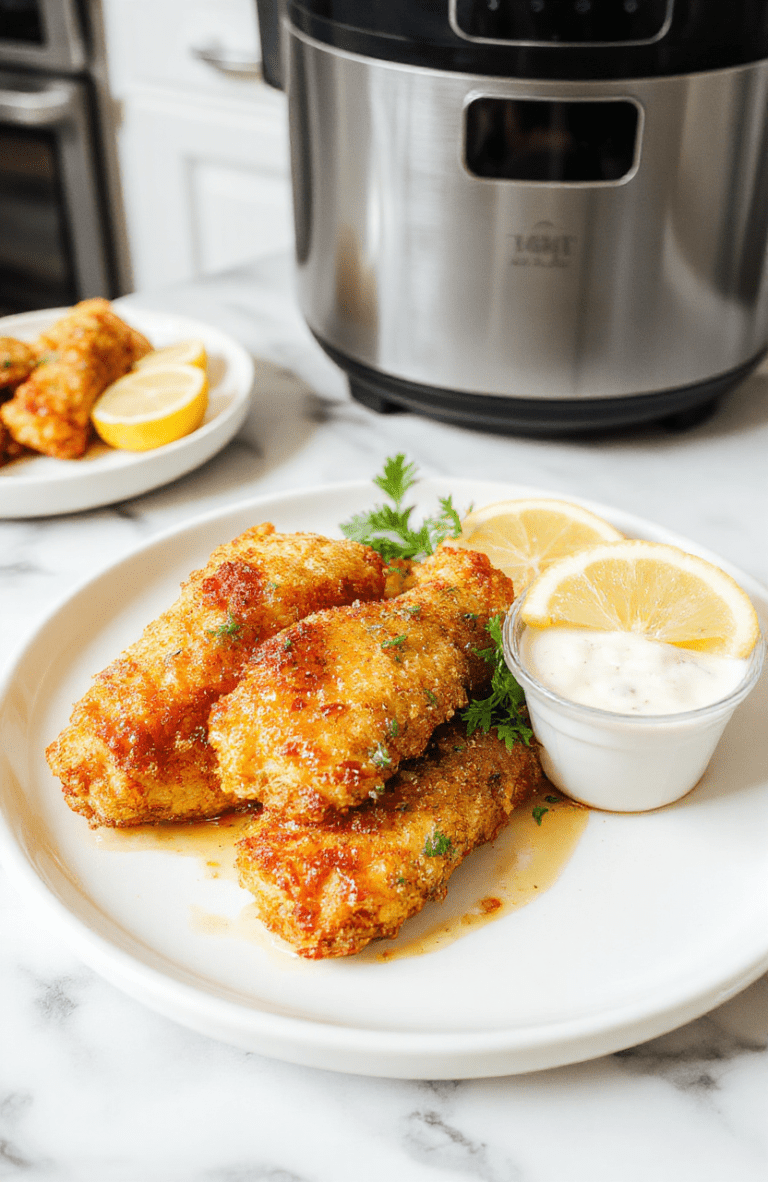 Golden-brown crispy air fryer chicken tenders on a white plate with paprika and herbs, lemon wedges on the side, set on a light wooden table with natural daylight.