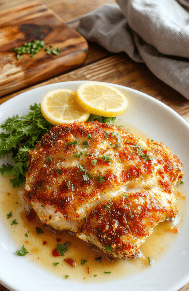 Golden parmesan crusted chicken breasts sliced to reveal a crispy cheesy crust, plated on white with lemon wedges, parsley garnish, and a fresh green salad on a rustic wooden table, warm natural light, close-up texture