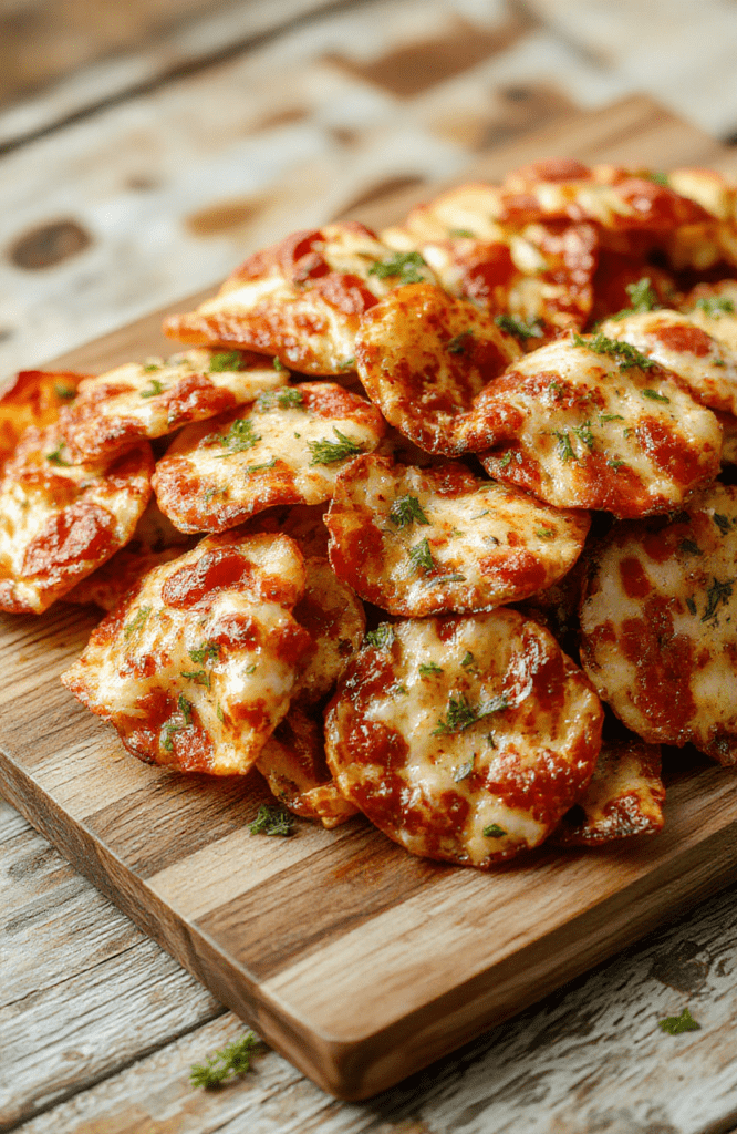 Golden-brown crispy pizza chips piled on a white plate, melted mozzarella, and a drizzle of tomato sauce, topped with parmesan shavings and fresh basil. Crisp edges glisten, the chips sit on a light wooden board with a sprinkle of oregano and a small bowl of marinara nearby, bright, inviting, and snack-ready.