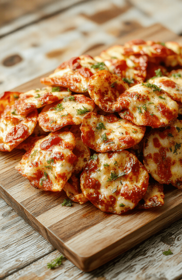 Golden-brown crispy pizza chips piled on a white plate, melted mozzarella, and a drizzle of tomato sauce, topped with parmesan shavings and fresh basil. Crisp edges glisten, the chips sit on a light wooden board with a sprinkle of oregano and a small bowl of marinara nearby, bright, inviting, and snack-ready.