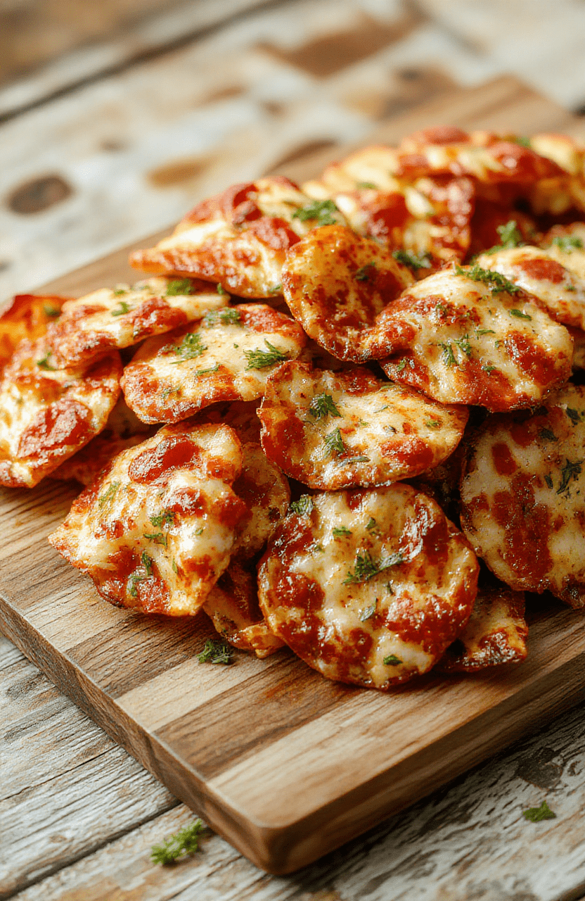 Golden-brown crispy pizza chips piled on a white plate, melted mozzarella, and a drizzle of tomato sauce, topped with parmesan shavings and fresh basil. Crisp edges glisten, the chips sit on a light wooden board with a sprinkle of oregano and a small bowl of marinara nearby, bright, inviting, and snack-ready.