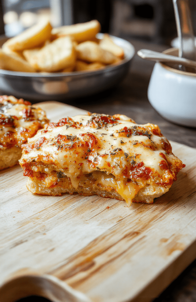 A golden-brown crispy pizza grilled cheese cut in half on a light wooden board, mozzarella melted, marinara swirls, pepperoni and basil accents, sunshine lighting, casual home-kitchen styling.