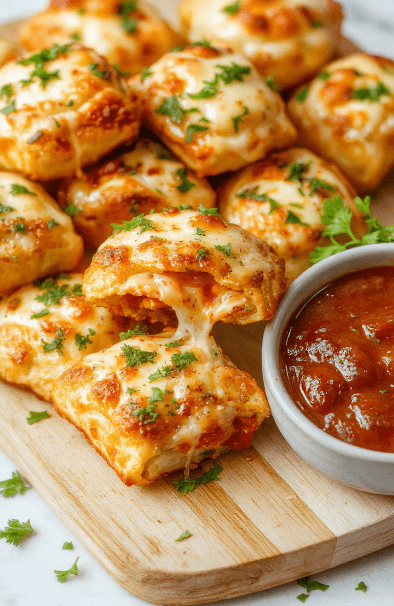Golden, crispy pizza rolls arranged on a light wooden board, melted cheese peeking through, small bowl of marinara on the side, sprinkled with chopped parsley, rustic and inviting.