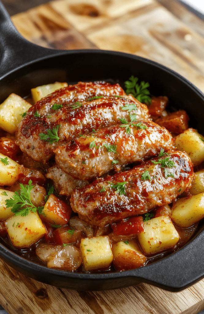Golden crispy Polish sausage slices sit atop roasted baby potatoes with caramelized onions and red peppers on a dark cast-iron skillet. The edges are deeply caramelized, potatoes crisp on the outside and fluffy inside, while onions glisten with pan juices. Fresh parsley speckles the top and the warm, rustic plating highlights a comforting family dinner.