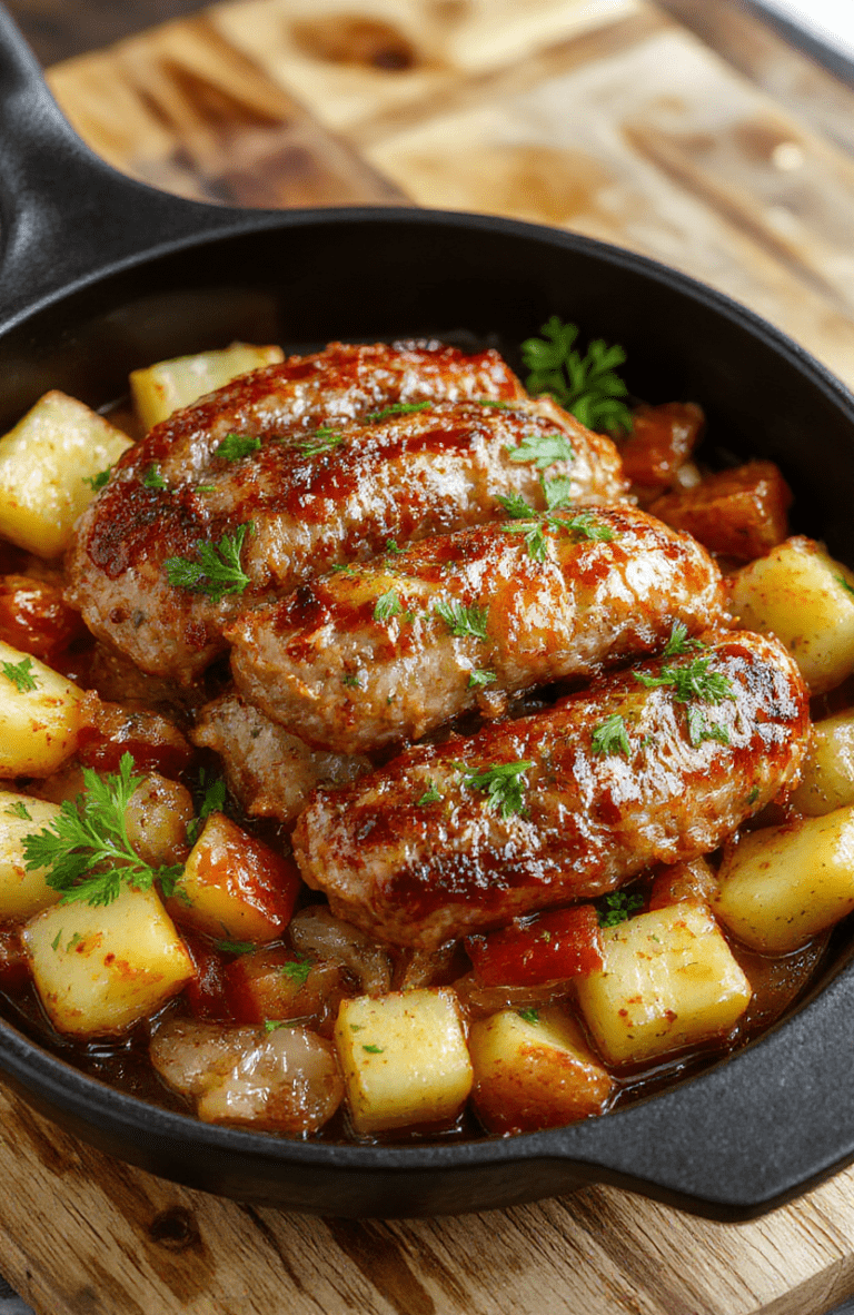 Golden crispy Polish sausage slices sit atop roasted baby potatoes with caramelized onions and red peppers on a dark cast-iron skillet. The edges are deeply caramelized, potatoes crisp on the outside and fluffy inside, while onions glisten with pan juices. Fresh parsley speckles the top and the warm, rustic plating highlights a comforting family dinner.