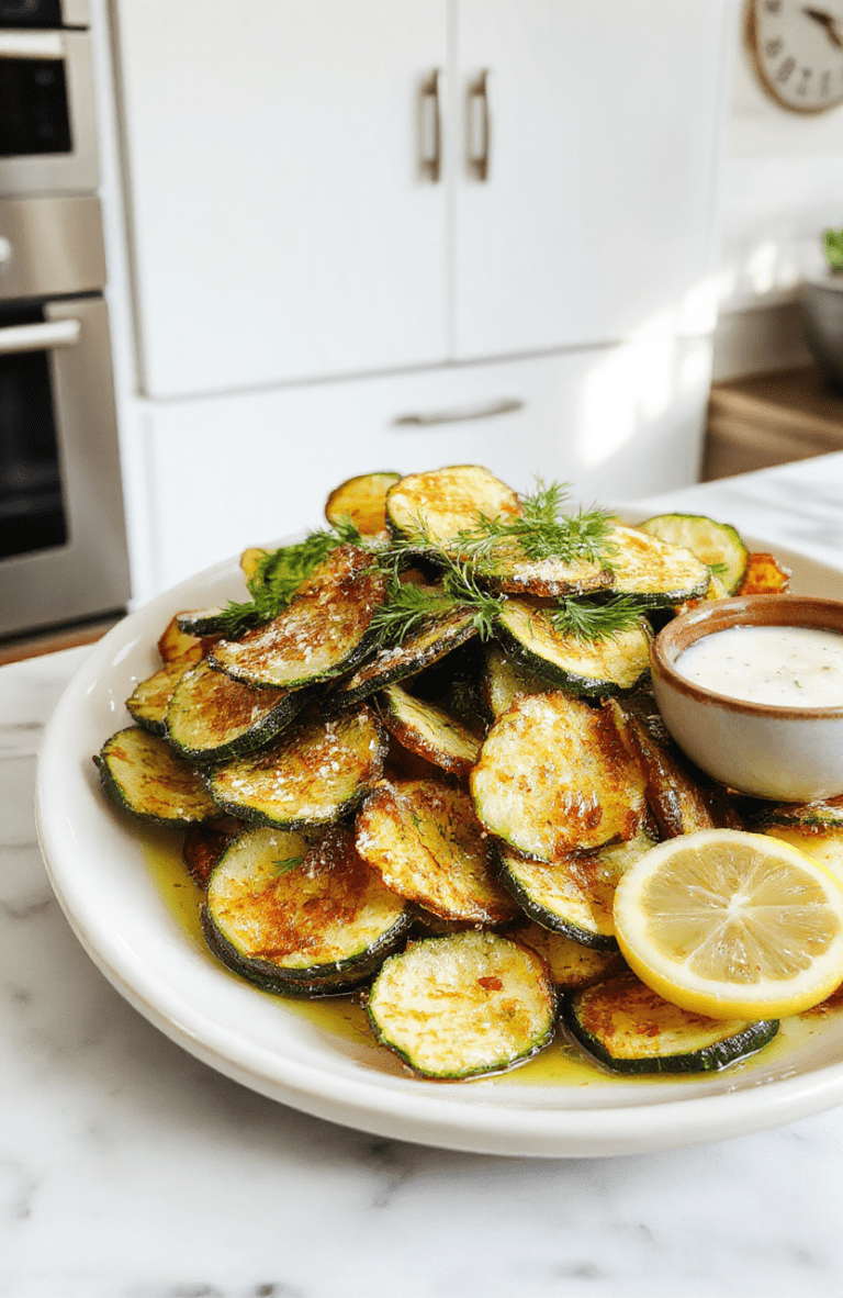 Golden-brown crispy zucchini chips fanned on a white plate, their edges slightly curled and crackly. Thin, uniformly sliced green spears coated with a light parmesan-crumb crust and a whisper of sea salt. A small bowl of tangy salt-and-vinegar dip, lemon zest, and dill garnish complete a vibrant, fresh-snack presentation on a rustic wooden board.