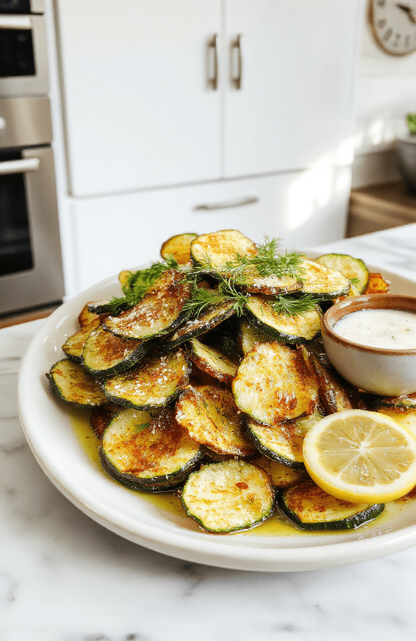 Golden-brown crispy zucchini chips fanned on a white plate, their edges slightly curled and crackly. Thin, uniformly sliced green spears coated with a light parmesan-crumb crust and a whisper of sea salt. A small bowl of tangy salt-and-vinegar dip, lemon zest, and dill garnish complete a vibrant, fresh-snack presentation on a rustic wooden board.