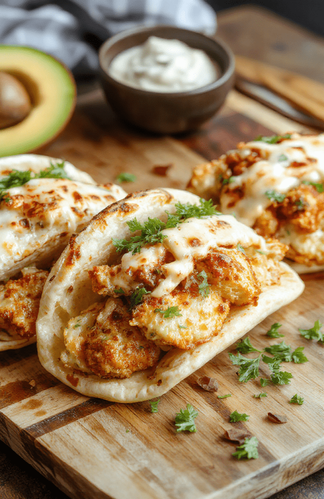 Golden-crusted sheet pan chicken bites tucked into warm pita pockets with crisp vegetables, tzatziki, and fresh parsley arranged on a rustic wooden board.