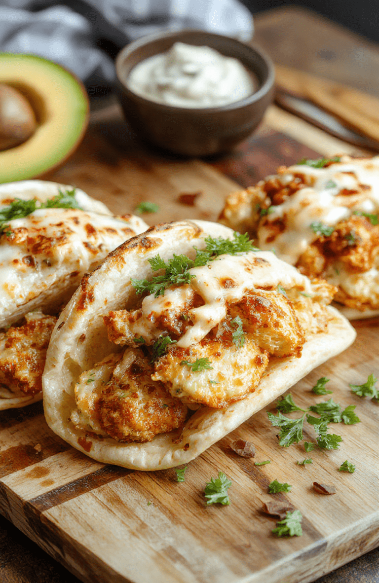 Golden-crusted sheet pan chicken bites tucked into warm pita pockets with crisp vegetables, tzatziki, and fresh parsley arranged on a rustic wooden board.
