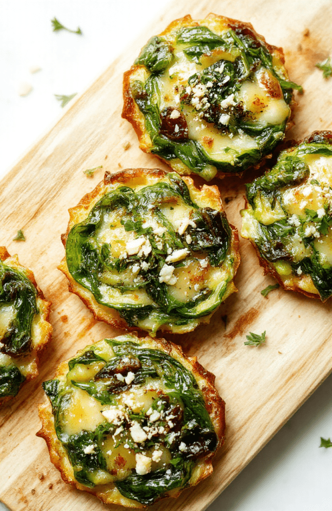 Golden crispy spinach cheese crisps baked on a parchment-lined sheet, emerald spinach visible through melted cheddar and parmesan, light dusting of herbs, simple rustic plating